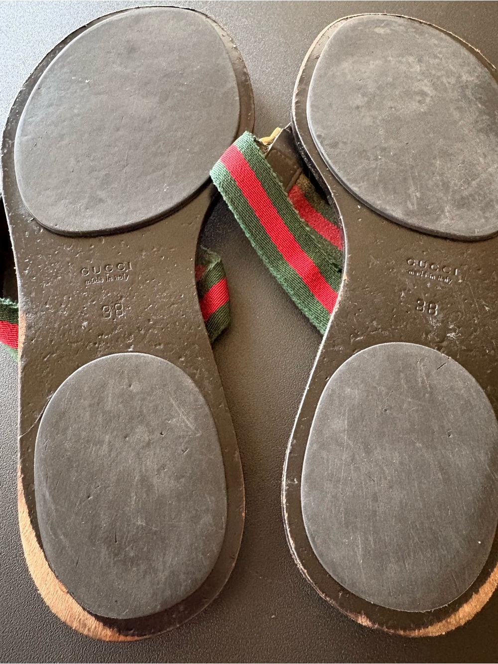 Gucci Black Leather Sandals with Green-Red Web Stripe and Gold GG Logo - Picture 3 of 9